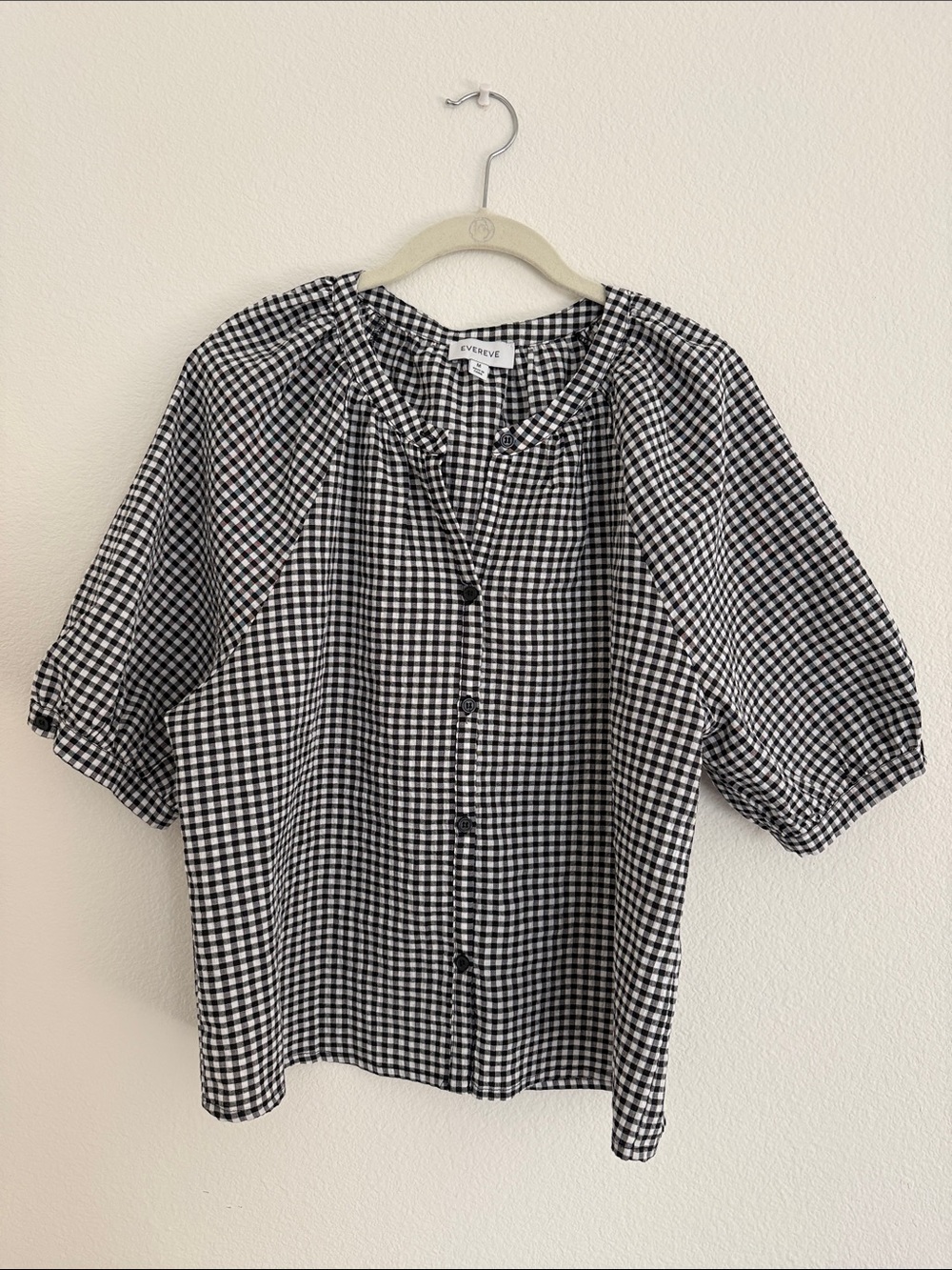 Evereve Black & White Gingham Puff-Sleeve Button Blouse